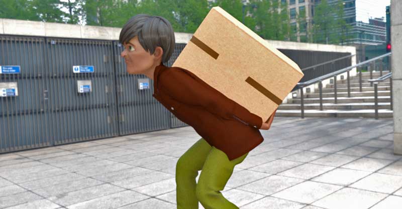Courier carrying a heavy load incorrectly